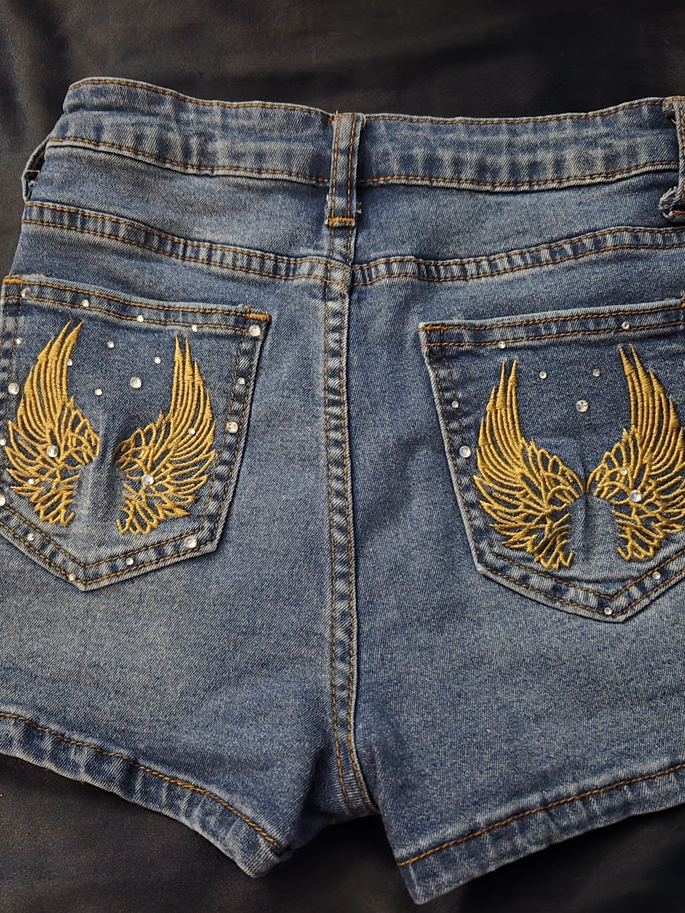 Girl’s Blue Denim Shorts with Gold Wing Embroidery